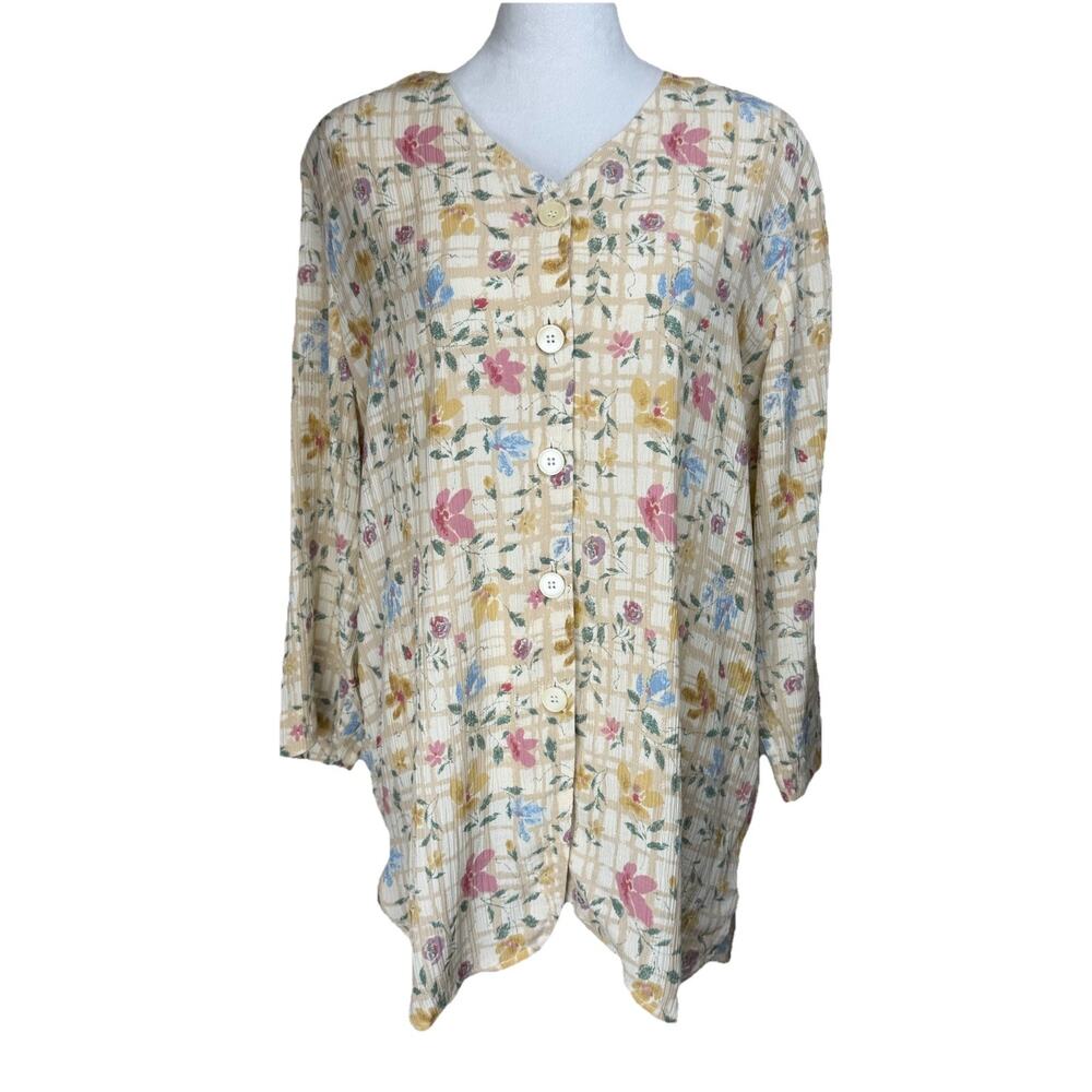 Women's‎ Chaus Tunic Button Up Sz.12 Floral Crepe Fabric 3/4 Sleeves